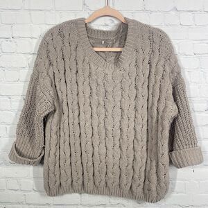 Cable Sweater Crochet Brown Crop Knitted 3/4 Sleeve Cozy Soft Oversized Boho